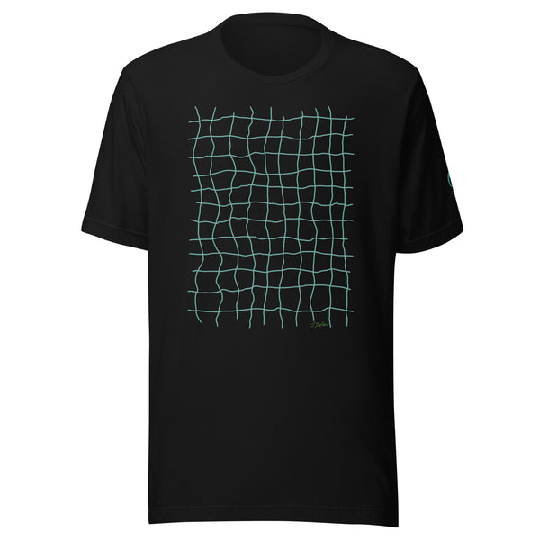Black T-shirt with light green net grid pattern on black background
