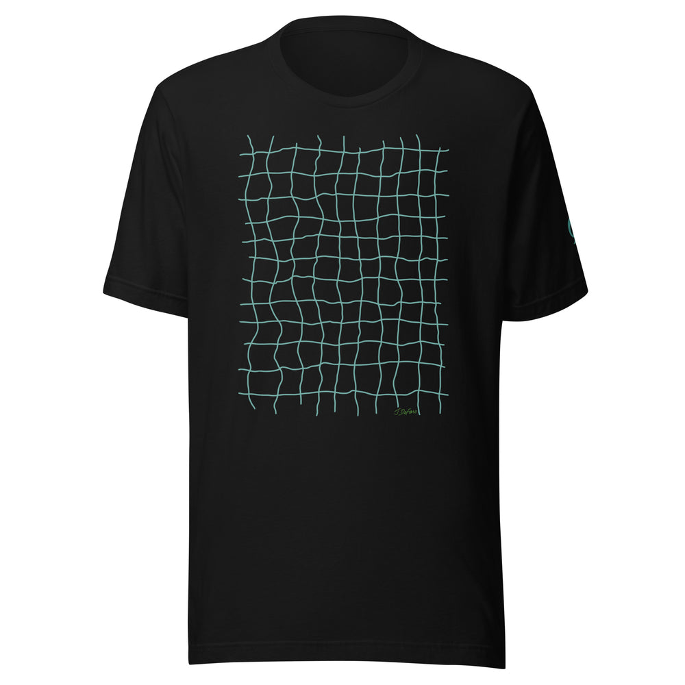 Black T-shirt with light green net grid pattern on black background