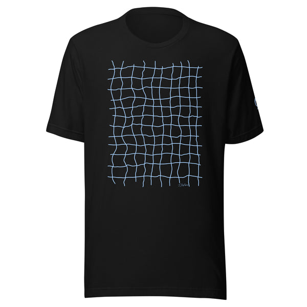 Black t-shirt with blue grid pattern on a black background