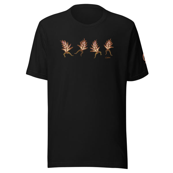 Black t-shirt with dancing leaves on black background