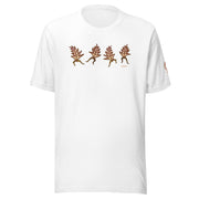 White t-shirt with dancing leaves on white background