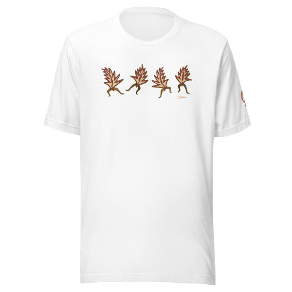 White t-shirt with dancing leaves on white background
