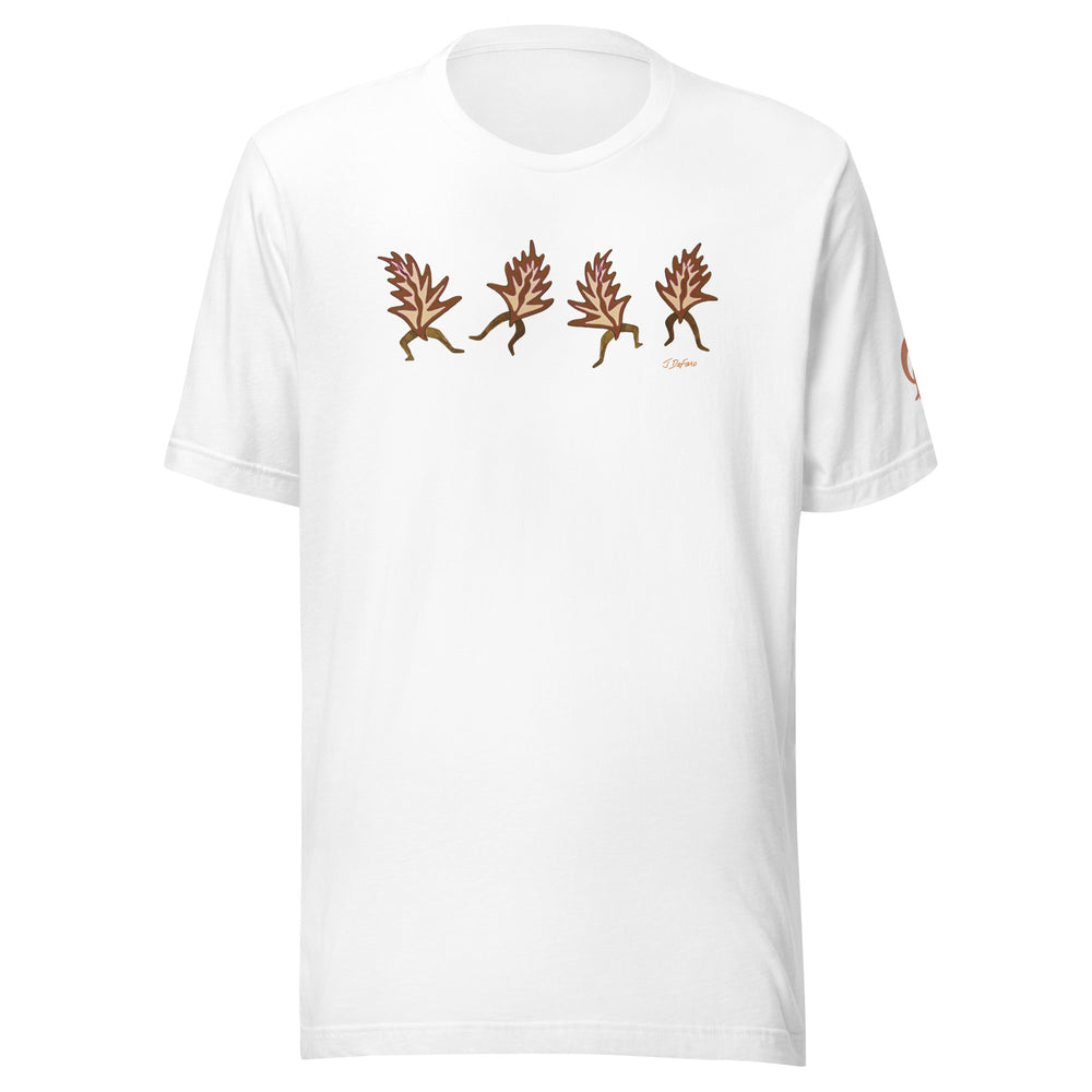 White t-shirt with dancing leaves on white background
