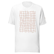 White T-shirt with terracotta net grid pattern on white background