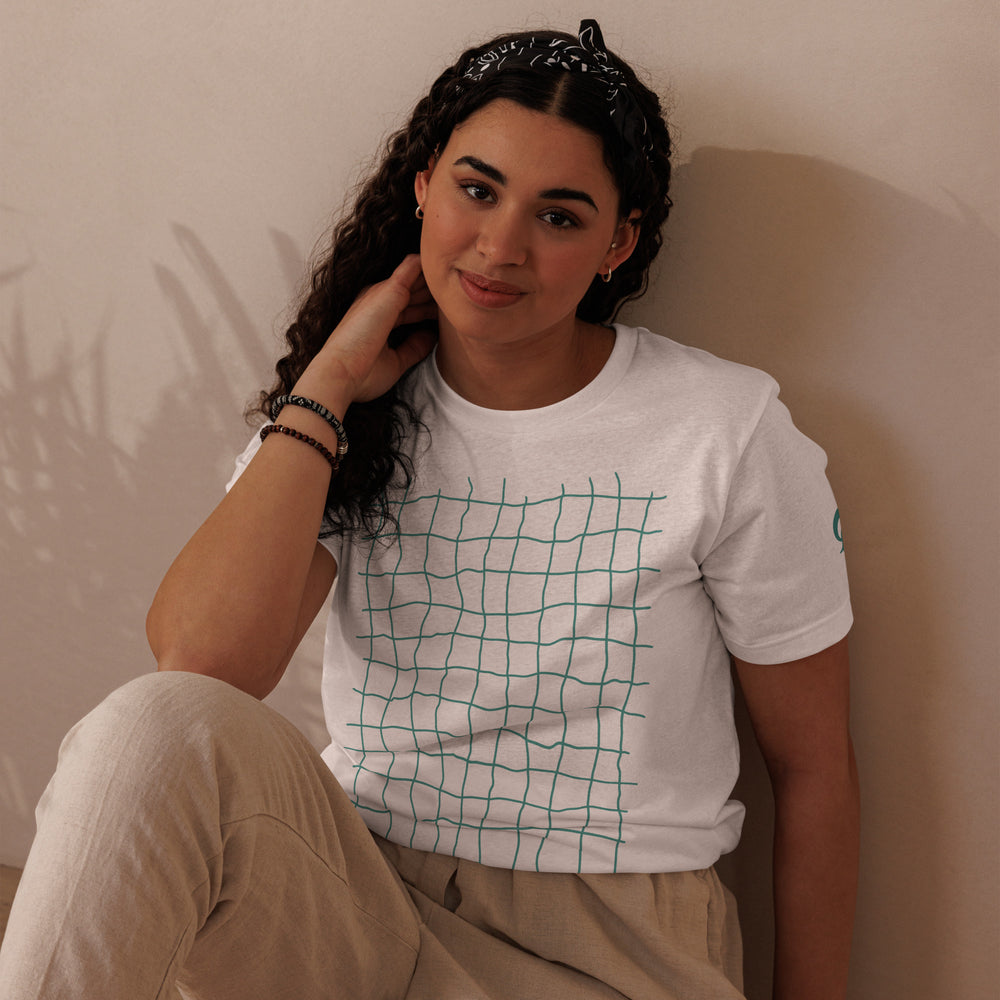 RELIGIÓN VERDE · HOJAS DE JUEGO LIBRE · “Earth Net Teal” · Camiseta ecológica unisex básica