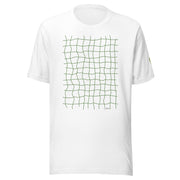 White T-shirt with green net grid on white background