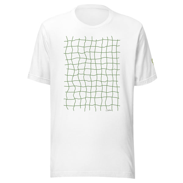 White T-shirt with green net grid on white background