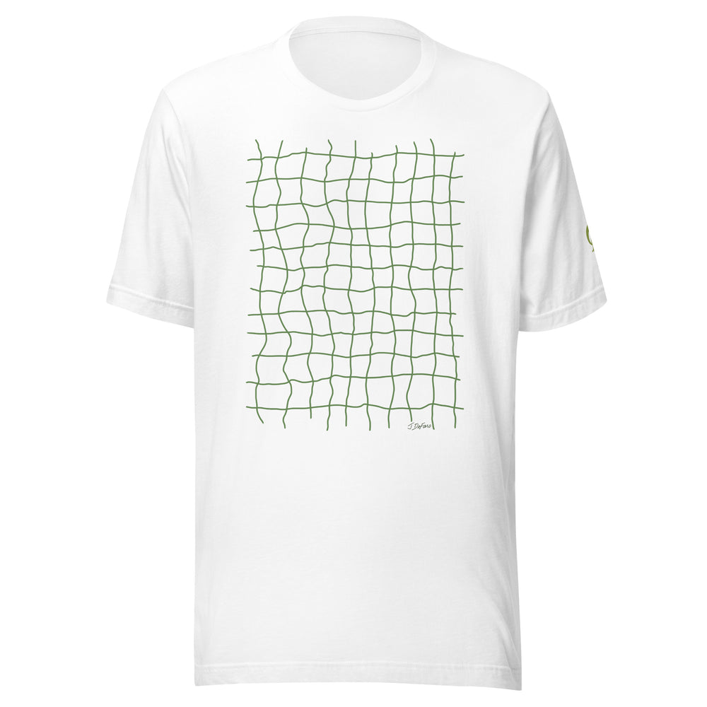 White T-shirt with green net grid on white background