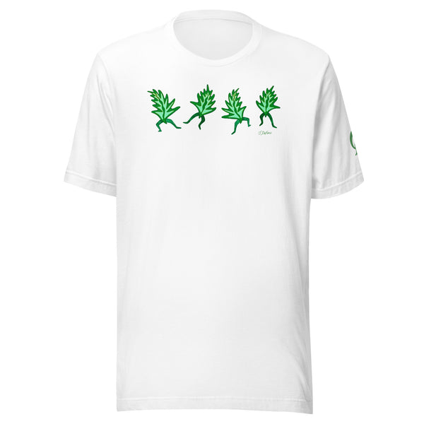 White t-shirt with dancing leaves on white background