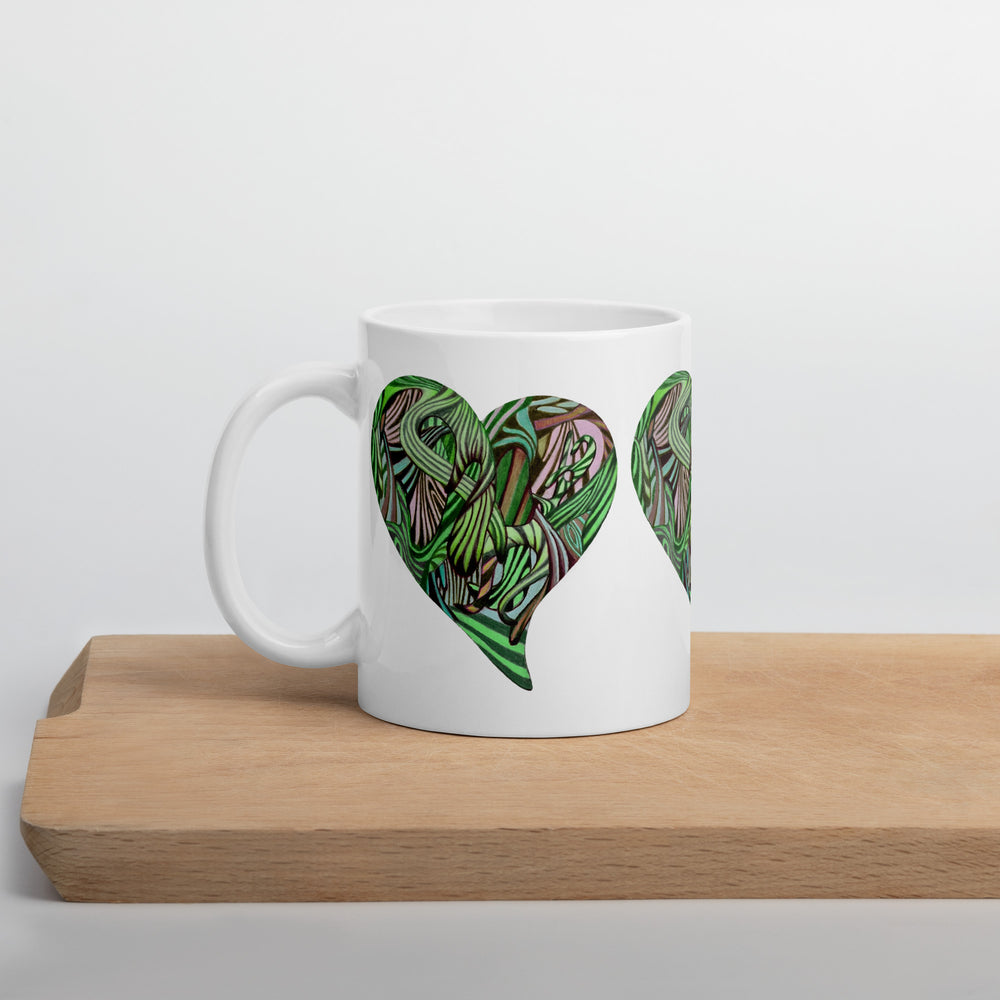 GREEN RELIGION · TRUE TREES · Growing Heart · White Glossy Mug · Green