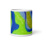 White glossy mug with colorful abstract design on white background
