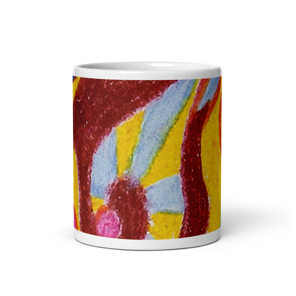 White glossy mug with colorful abstract design on a white background