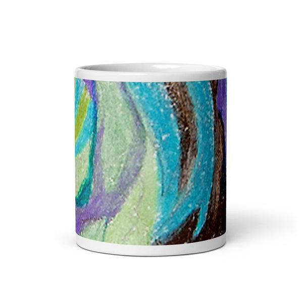 White glossy mug with colorful abstract  design on white background 