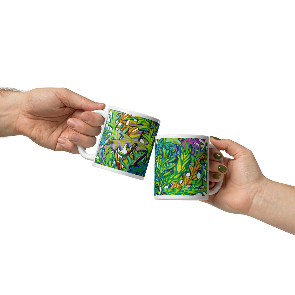 GREEN RELIGION · TRUE TREES · “Leaves Alive” · 2026 Print Edition · White Glossy Mug