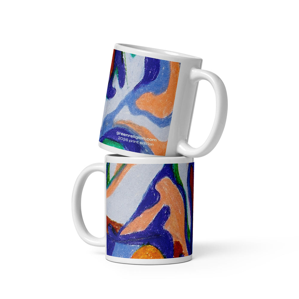 GREEN RELIGION · TRUE TREES · “Leaves Alive Roots” · 2026 Print Edition · White Glossy Mug
