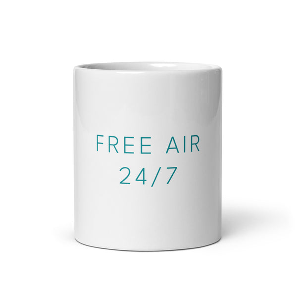 FREE AIR 24/7 printed in teal on white glossy ceramic mug