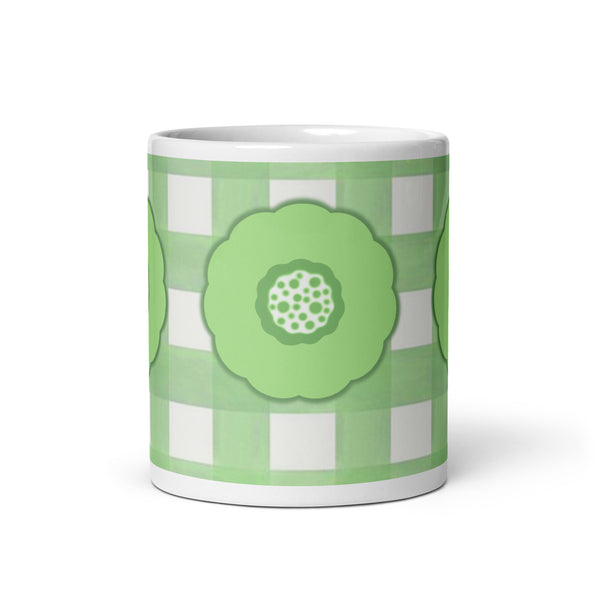 Lime Green graphic flower printed on a white glossy ceramic mug