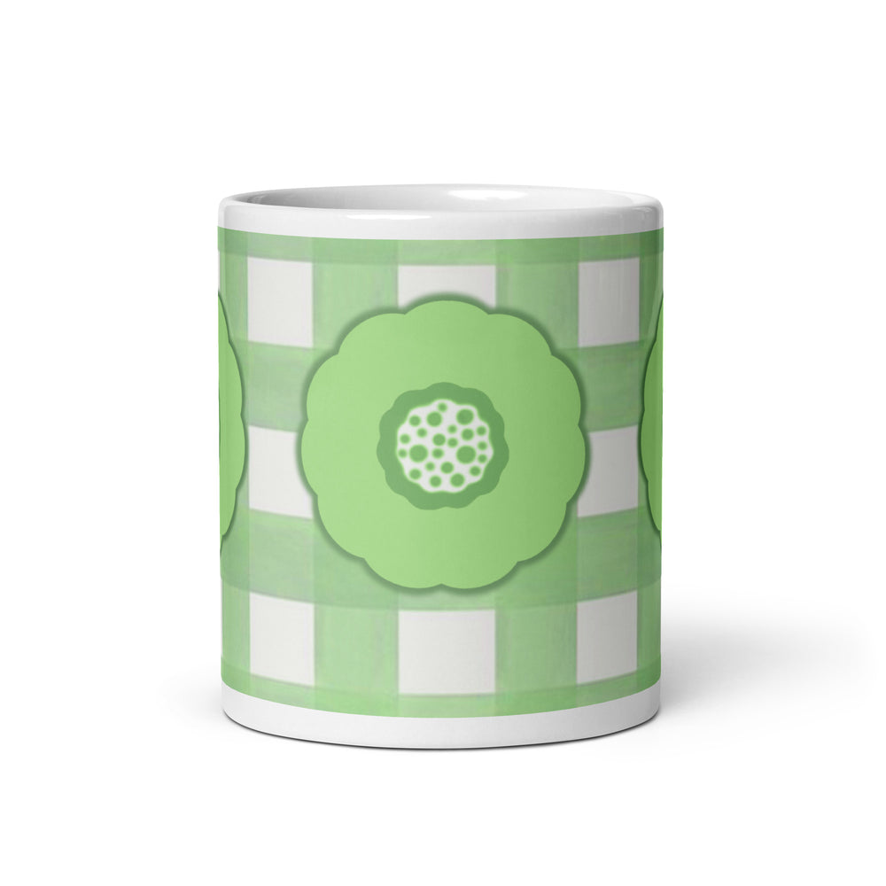 Lime Green graphic flower printed on a white glossy ceramic mug