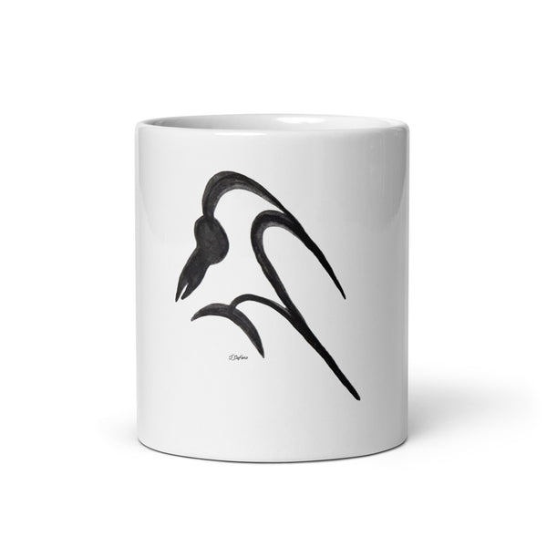 A perched parrot type bird printed in black on a white glossy ceramic mug