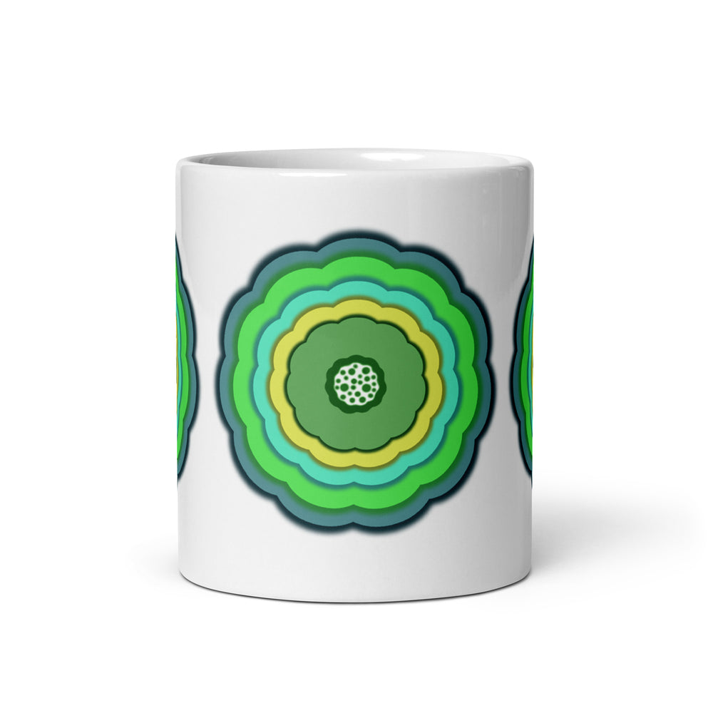 Bright graphic flower on white glossy ceramic mug