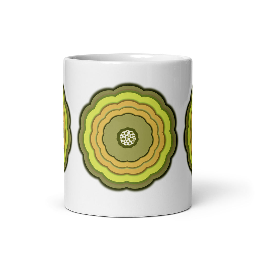 White glossy mug with 3 yellow and green graphic blooms on a white background