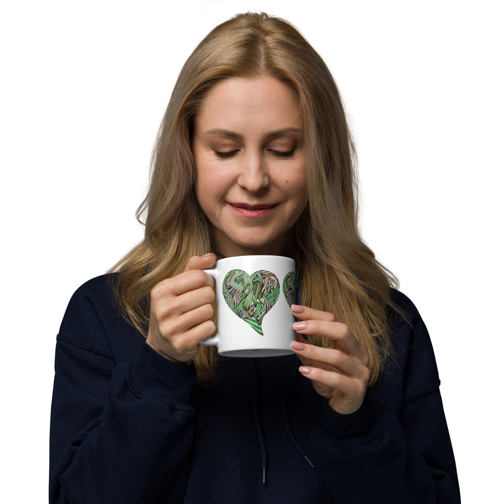 GREEN RELIGION · TRUE TREES · Growing Heart · White Glossy Mug · Green