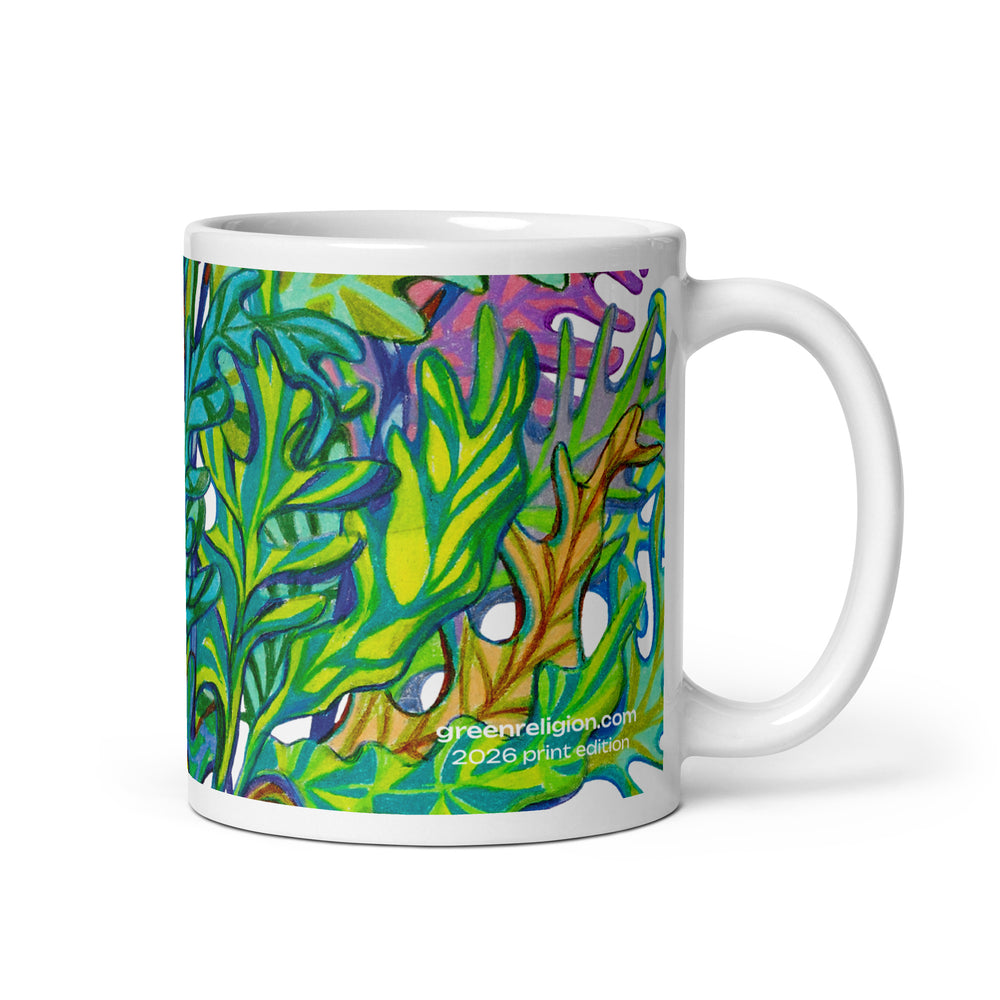 GREEN RELIGION · TRUE TREES · “Leaves Alive” · 2026 Print Edition · White Glossy Mug