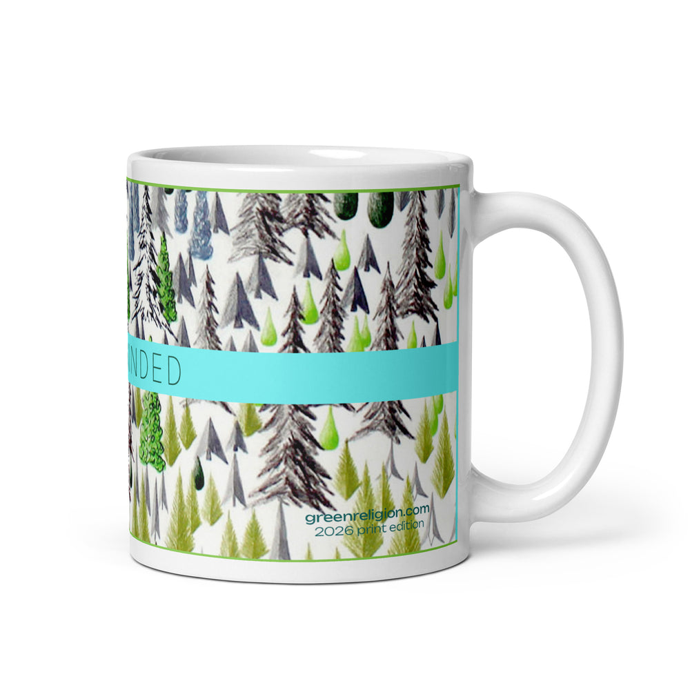 RELIGIÓN VERDE · HOJA HABLADA · “MENTALIDAD ÁRBOL” · Taza blanca brillante de 325 ml · Edición impresa 2026