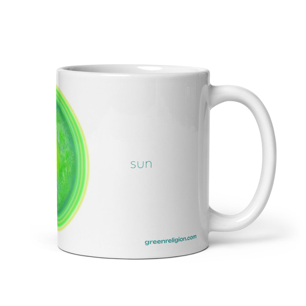 GREEN RELIGION · CANOPY LINES · “Green Sun” · White Glossy Mug