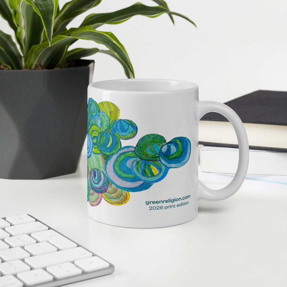 GREEN RELIGION · TRUE TREES · “By the Bay” · 2026 Print Edition · White Glossy Mug