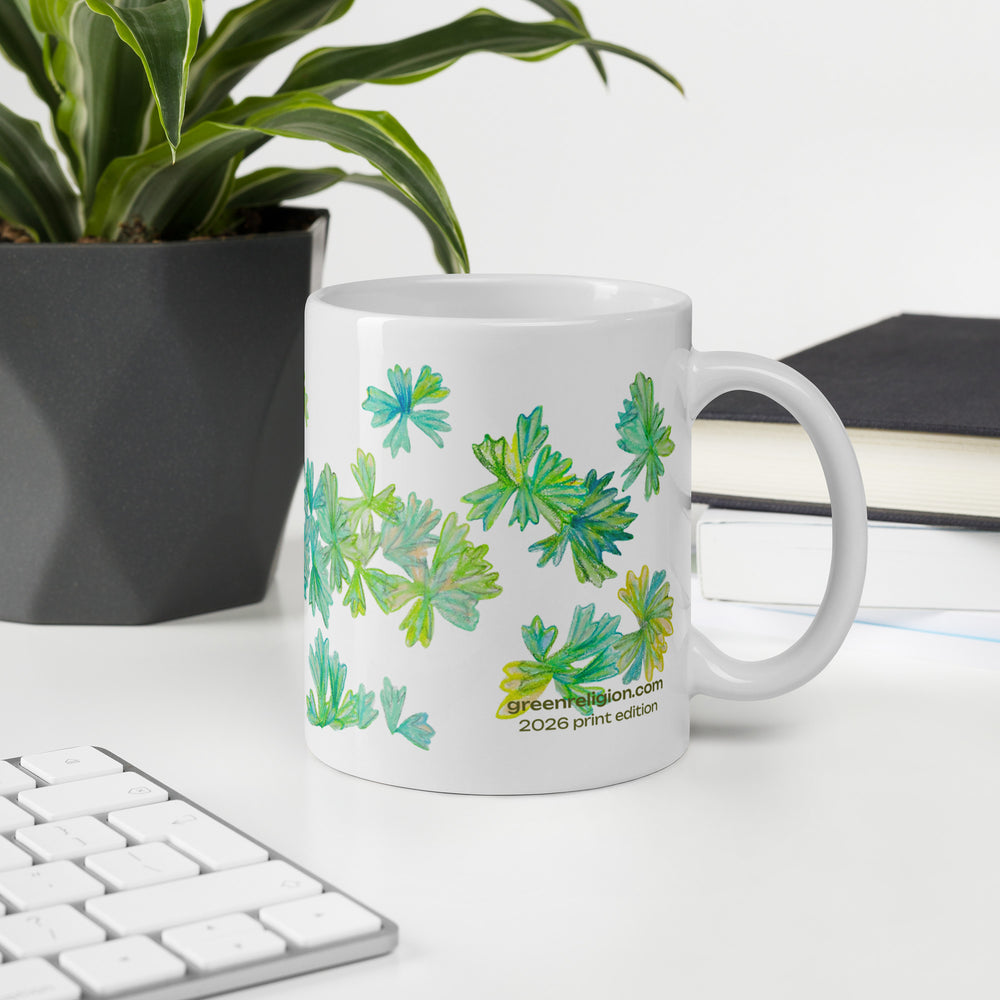 GREEN RELIGION · TRUE TREES · “Bird Lover” · 2026 Print Edition · White Glossy Mug