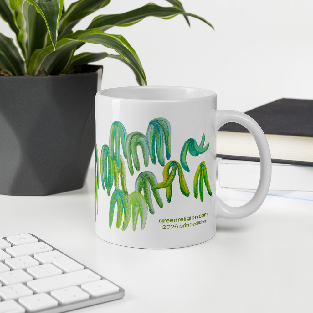 GREEN RELIGION · TRUE TREES · “Falling Light” · 2026 Print Edition · White Glossy Mug