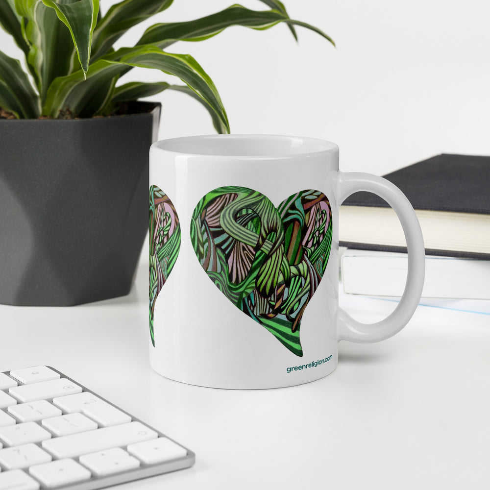 GREEN RELIGION · TRUE TREES · Growing Heart · White Glossy Mug · Green