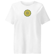 Women's organic T-shirt with a yellow toned floral on a white background