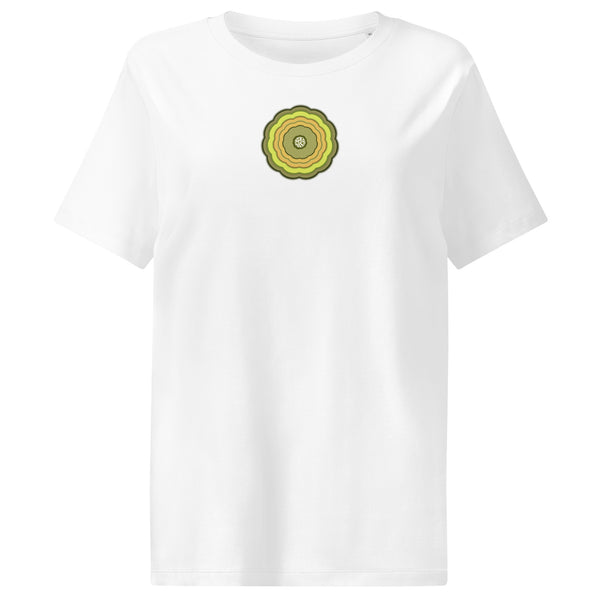 Women's organic T-shirt with a yellow toned floral on a white background