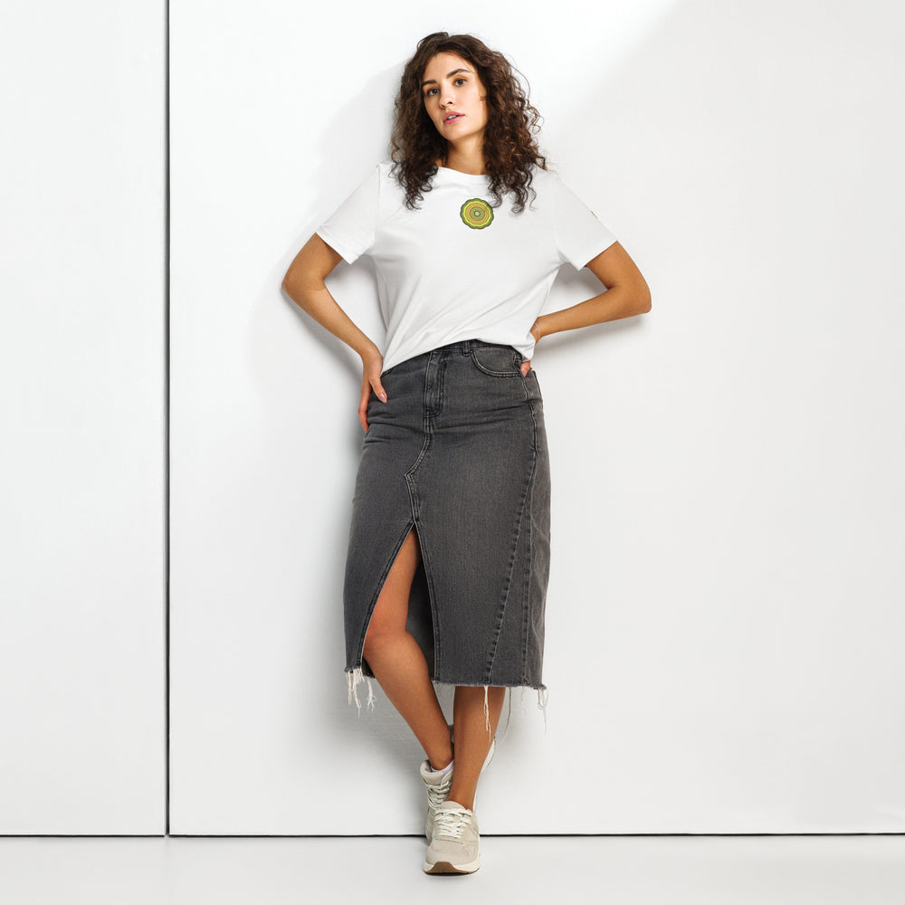 GREEN RELIGION · Women’s Organic Ribbed Neck T-Shirt · ORIGIN G · Unbounded Bloom · Melon Yellow