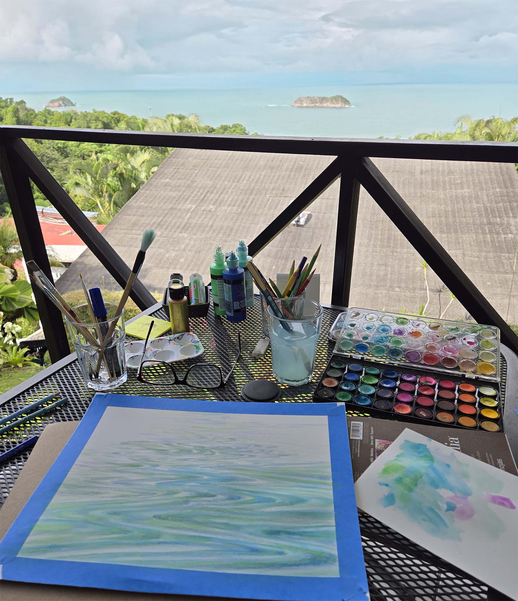 Hotel balcony art making looking out to Isla del Coco, Manuel Antonio, Costa Rica,