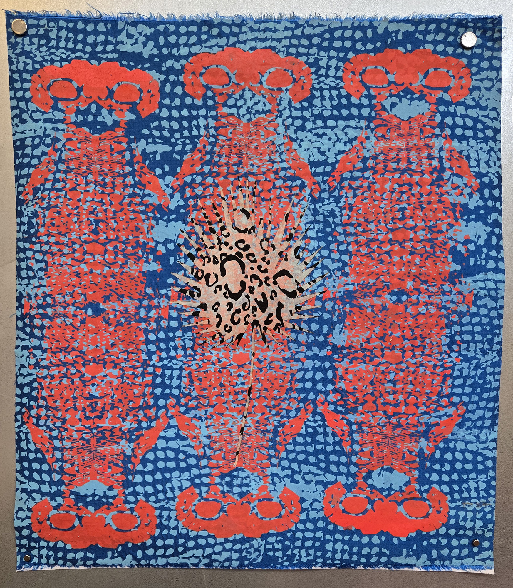 Sterling Rook. Cuban Anole (lizard) and Peacock Bass with a dash of Sabal palm. 2025. hand silkscreen sprint to fabric. 14 by 18-inches