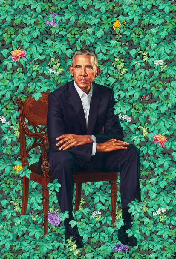 Barack Obama by Kehinde Wiley, 2018, oil on canvas, 7 by 5 feet, Courtesy of the National Portrait Gallery, Smithsonian