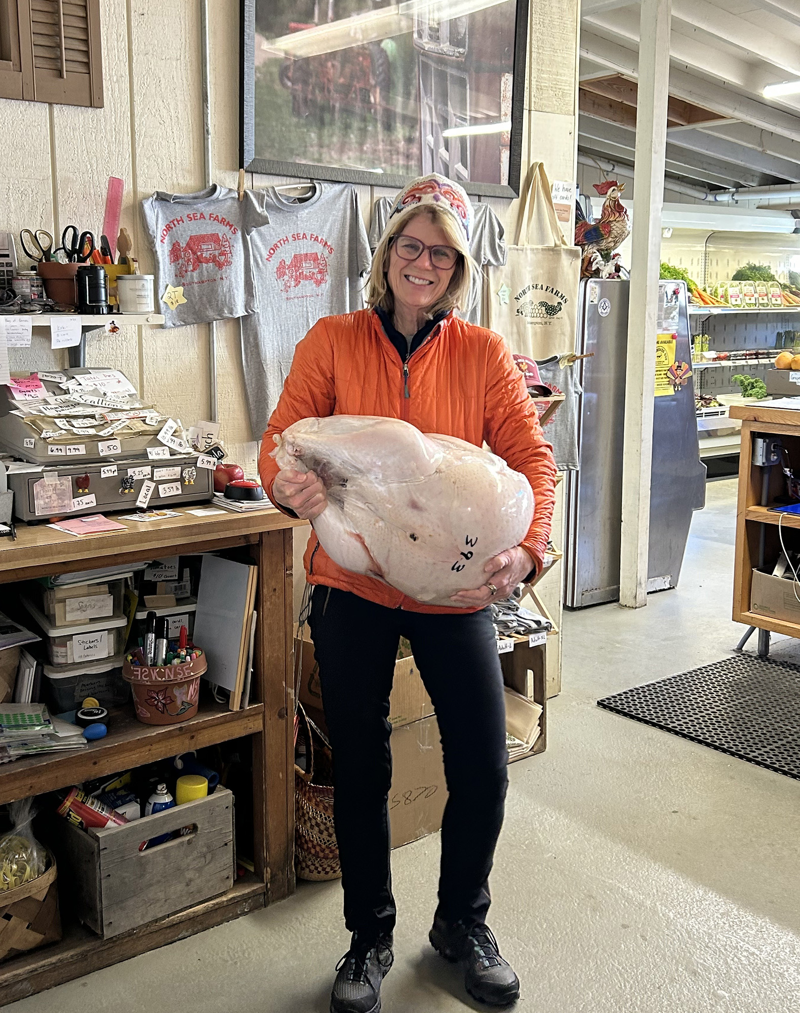 Kathleen King with this years 40 pound turkey at North Sea Farms, Southampton NY